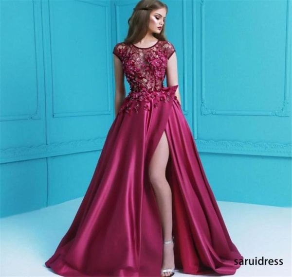 

cap sleeve beads 3d petals applique evening dresses split aline long prom dresses lace satin floor length evening gowns9029792, Black