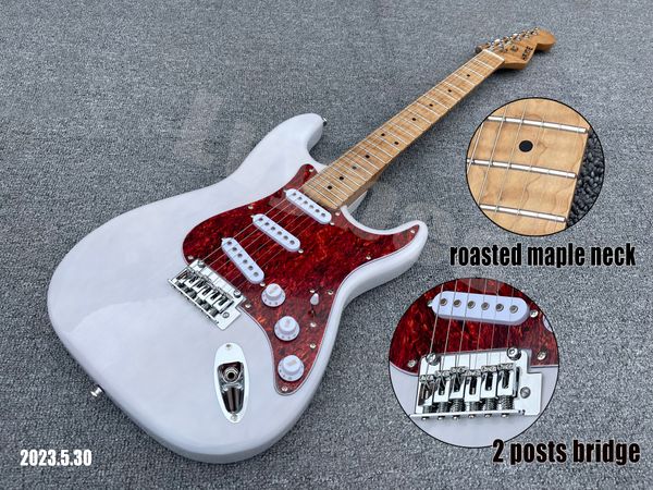 

electric guitar snow white see thru wood grain ash wood body roasted maple neck and fingerboard black dots inlay red tor
