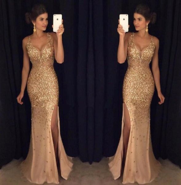 

gold shinny prom dresses 2017 v neck cap sleeves beaded sequins crystal right side slit prom dresses formal party dresses5496711, Black