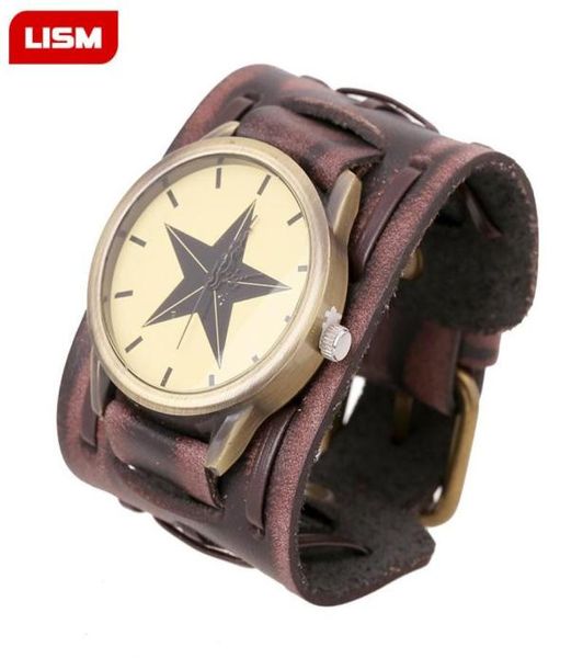 

retro wide cow leather bracelet watch vintage men wrist watches casual big star quartz clock relogio reloj dropship link chain6960295, Black