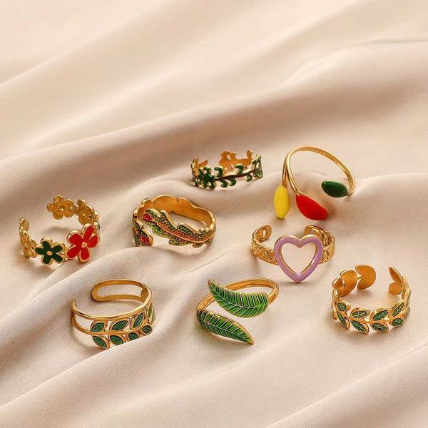 

band rings new fashion personality adjustable stainless steel open ring simple feather leaves heart ring party jewelry birthday gift aa23053, Silver