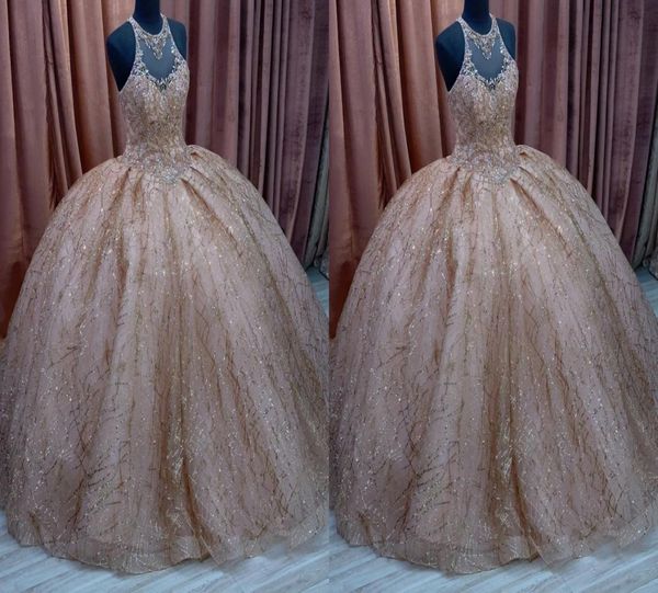 

sparkly designer rose gold sequined 2022 prom quinceanera dresses ball gown sheer neck jewel crystal bead long evening formal page9749645, Black