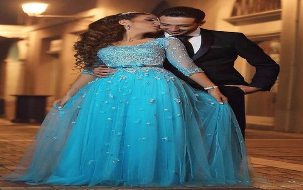 

elegant blue lace arabic evening dresses half sleeves aline tulle prom dresses vintage formal evening gowns7703331, Black