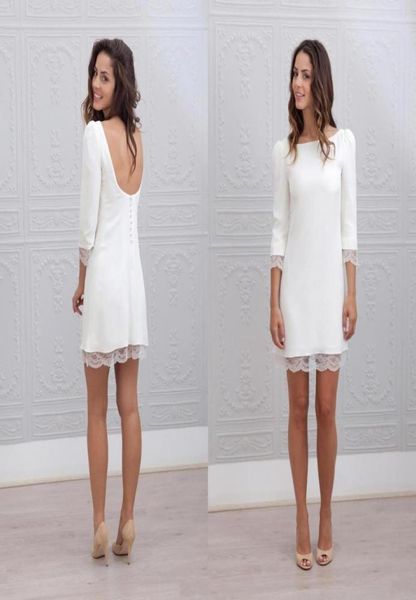 

simple elegant 2021 short mini sheath fitted wedding dresses with 34 long sleeves low back beach casual reception bridal gow5516721, White