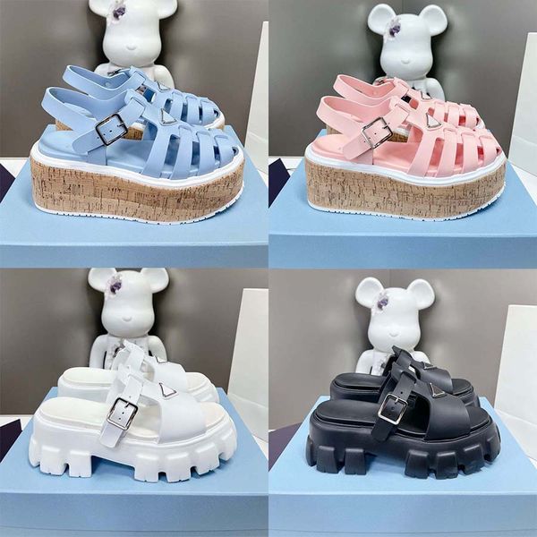 

designer sandals slippers fashion ladies inverted triangle alphabet blue white leather sandals shoes thick sole back strap beach travel outd, Black