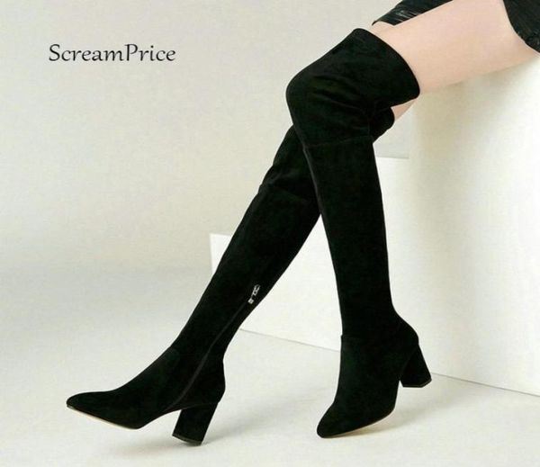 

women suede fashion side zipper over the knee boots comfortable square heel thigh elastic boots black wine red beige nt9p12205617824813