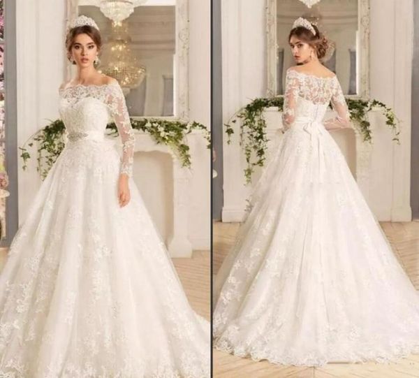 

modest long sleeve vintage lace vestido de novia off the shoulder wedding dresses with beads a line court train bridal gowns custo6943735, White