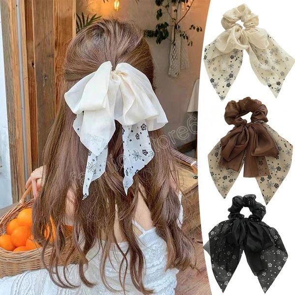 

sweet gauze bow hair rope women chiffon ribbon hair scrunchies mesh ponytail streamer hair ties hair accessories, Pink