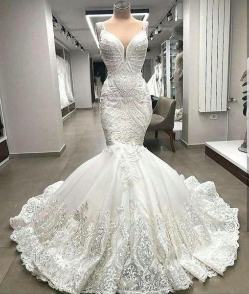 

high end unique lace mermaid wedding dresses appliques arabic dubai beaded bridal gowns custom made robe de mariee 2022 vestido de1677469, White