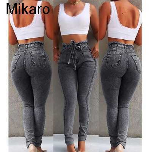 

mikaro women's jeans slim elastic tassel belt high waist jeans women, Blue