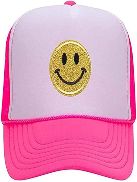 

lovers caps smiley face sequins printing neon high crown foam mesh back trucker hatfor men and women30550638890486, Blue;gray