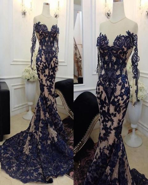 

stunning charming mermaid prom dresses sheer jewel neck beads lace applique long sleeve party dress 2018 see through evening 6079383, Black