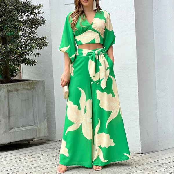 

women's set 2023 printed v-neck lantern sleeve short shirt high waist wide leg pants fashion casual women's two piece set, White