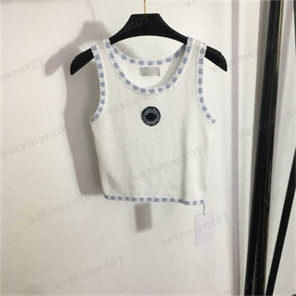 

short knitwear designer tees chest logo wool knitted vests sleeveless 2 colors knitted shirts crew neck cotton blend embroidery summer tshir, White