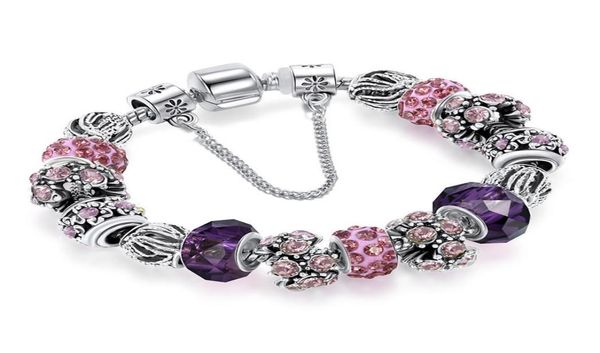 

18 19 20 cm charm bracelet 925 silver plated bracelets royal crown accessories purple crystal bead diy wedding jewelry with box3128608826, Golden;silver