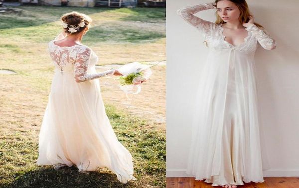 

bohemian wedding dresses sleeves long ivory chiffon and lace vneck floor length empire bridal gowns garden simple dress for bride6491315, White