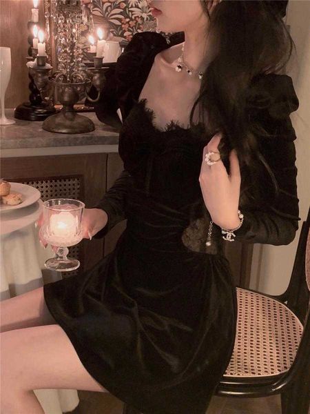 

midi dresses women spring autumn 2023 vintage female ladies elegant party prom robe vestidos female clothes velvet dress, Black;gray