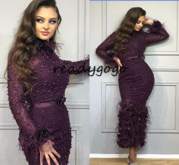 

evening dresses yousef aljasmi blini feather chocolate appliques tea length sparkly long sleeve long prom dress kim kardashian8768819, Black