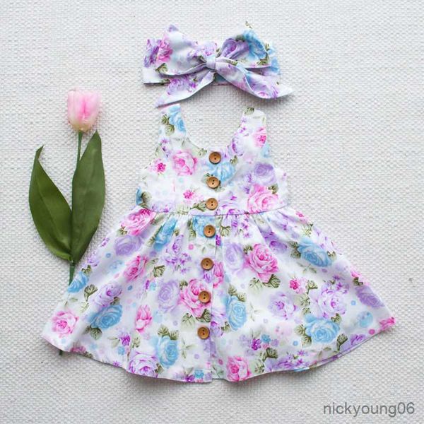 

clothing sets kids baby girl floral tank dress match headband summer button sleeveless sundress infant girl clothes, White