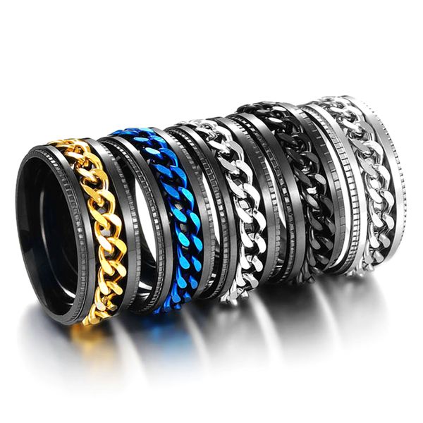 

wholesale 30pcs mixed 8mm fashion hobbing chain rotating rings for men punk plated metal stainless steel party gift finger jewelry lots, Slivery;golden