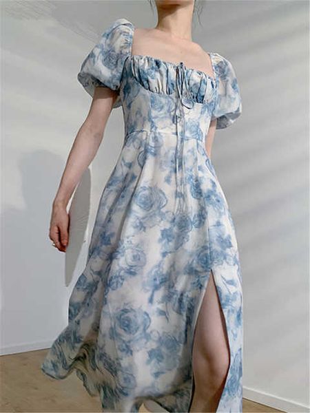 

midi dress elegant square collar lace-up women floral summer puff sleeve slim waist female split a-line dresses female clothes, Black;gray