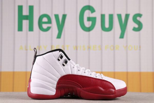 

with box 12 cherry basketball shoes men white black varsity red 12s sneaker