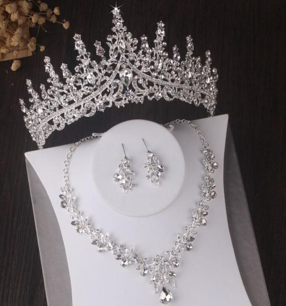 

luxury silver color crystal leaves bridal sets baroque tiaras crowns earrings choker necklace wedding dubai jewelry set6243539