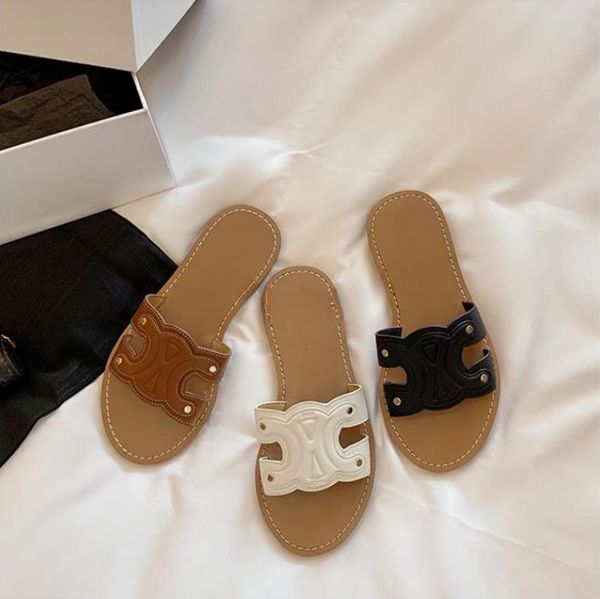 

designer triomphe embossed leather flat slides slippers women's sandals lightly insole sandals open toe luxury designer flats sandals f, Black