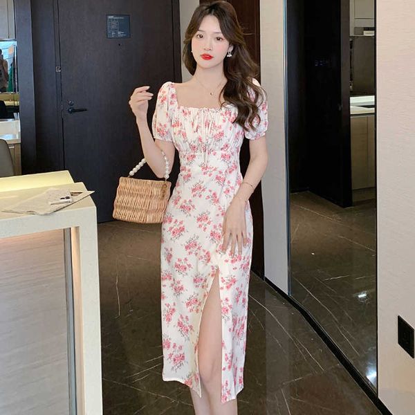 

2023 summer pink floral short sleeve square collar midi dress 2023 fashion elegant casual dress women korean bodycon party dress, Black;gray