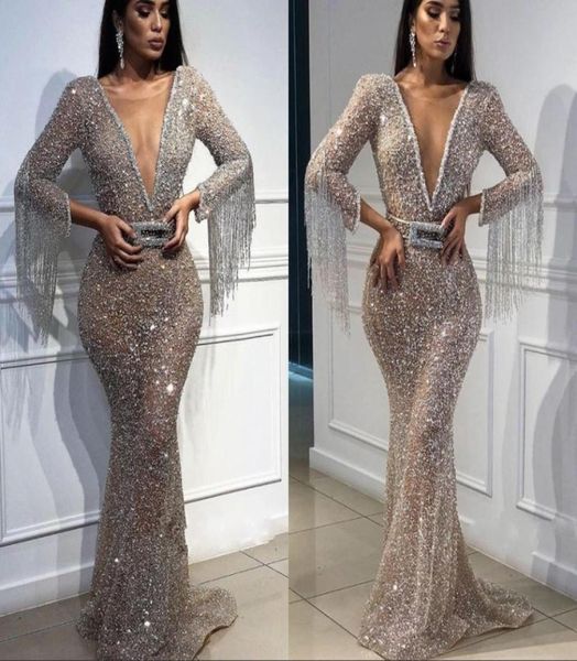 

prom party dress with bow 2019 deep vneck mermaid long sleeves floor length evening gowns sequin crystals tassels3335521, Black
