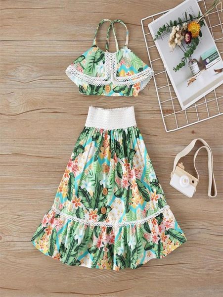 

vieeoease girls set flower kids clothing 2020 summer print straps ruffles skirt children outfits 2 pcs cc738273q5744944, White