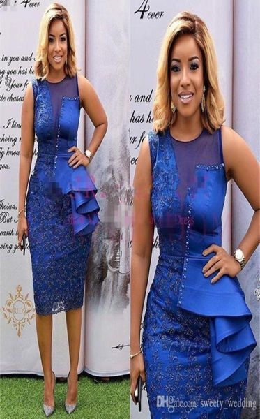 

2019 royal blue sheer jewel neck cocktail dresses lace appliques mermaid tea length formal occasion prom party dresses custom made1562462, Black