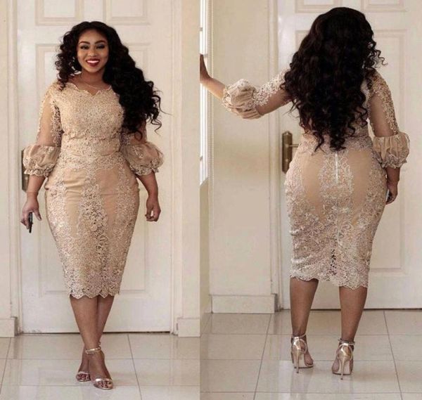 

fashion lace plus size evening dresses sleeves v neck sheath beaded formal dress applique tea length evening gowns3273720, Black