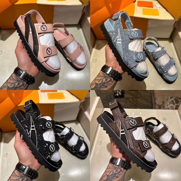 

designer denim flat sandals women monograms blue slides letter l printed slipper pink black ladies sandal leather flat real comfort fashion