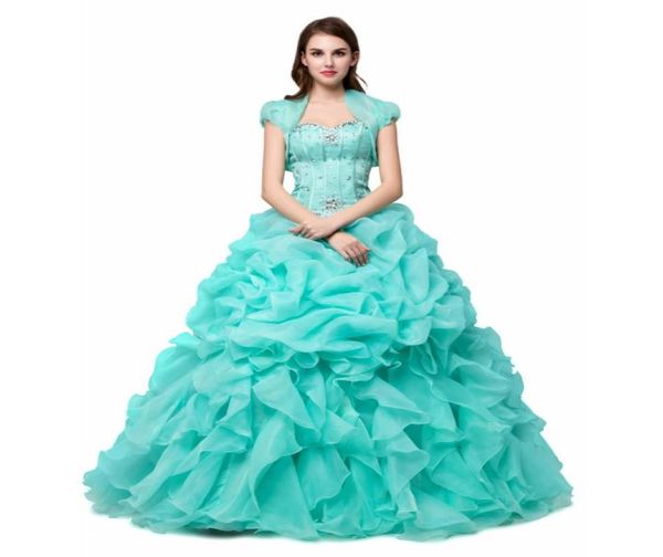 

beautiful ball gown sweetheart sequined beads quinceanera dress for girls sweet 16 ruffled organza turquoise party gown short slee9208256, Blue;red