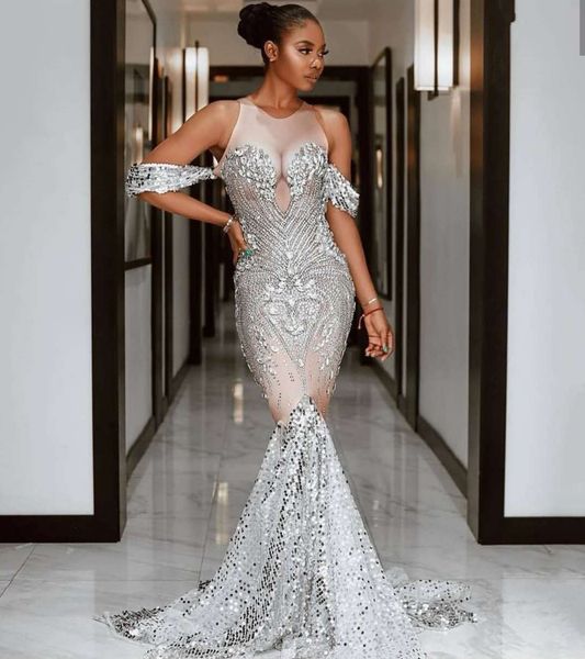 

mermaid sequined prom formal dress 2023 luxury sparkly handmade diamond silver evening birthday gowns black girl sheer scoop neck robe de so