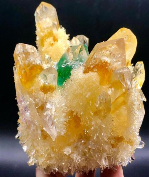 

new find yellow blue phantomquartz crystal cluster mineralspecime306g6091434, Black