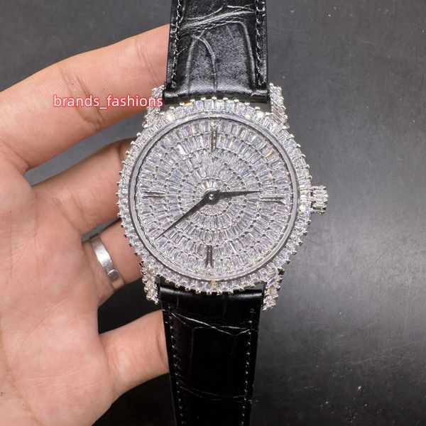 

men's business iced diamond watch baguette stones watch silver stainless steel black leather strap wristwatch 9015 automatic movement, Slivery;brown