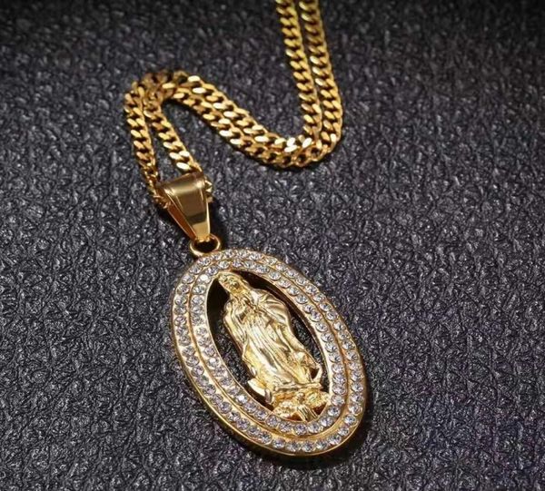 

iced out virgin mary pendant necklaces men women luxury designer mens bling diamond christian pendant gold cuban link chain jewelr6724849, Silver