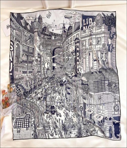 

silk neck scarf satin head scarf female silk hand rolled scarf 90 digital print woman neck foulard luxe headwrap3319801, Blue;gray
