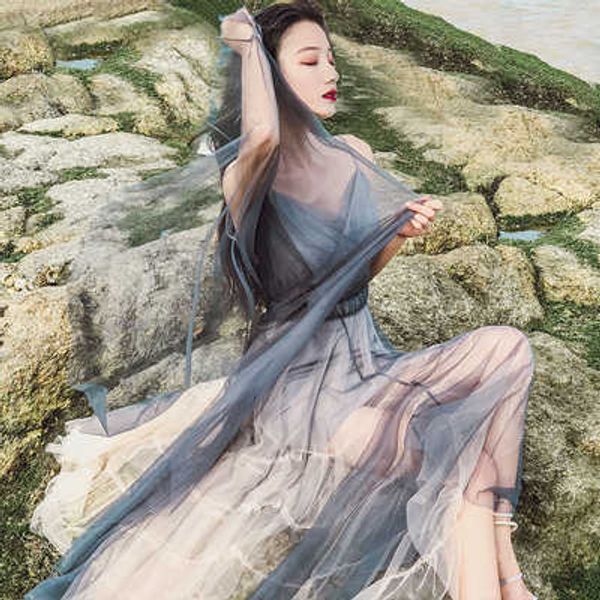 

woman summer casual long beach dress grey mesh stitching dress fashion elegant party dress for woman, Black;gray