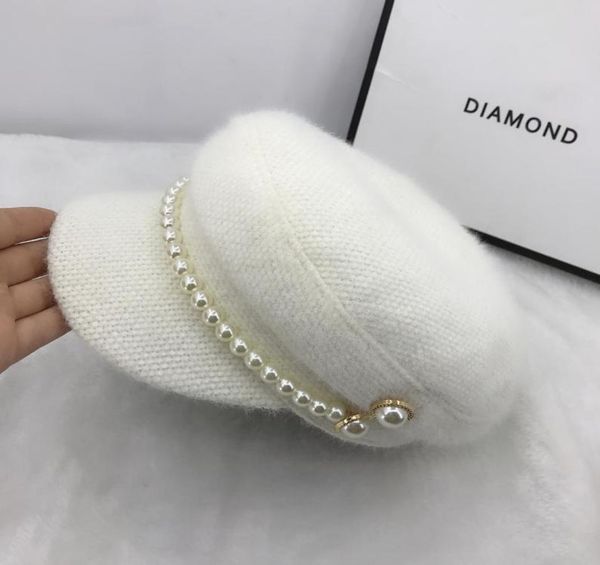 

pearl chain berets white black winter warm faux fur lady octagonal hat women leisure visors caps1186912, Blue;gray