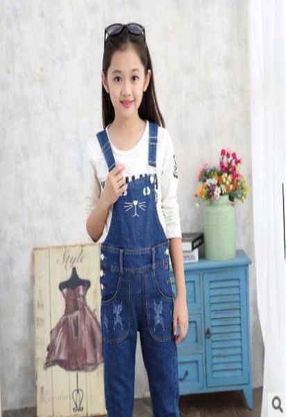 

girls denim overalls jeans 2021 new summer children039s fashion personality embroidery cat button suspender pants blue color ly5664351
