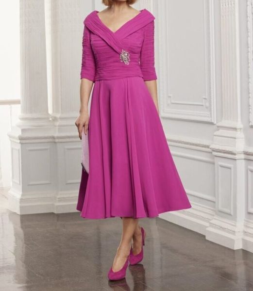 

chic rosy red mother of the bride suits tea length v neck half sleeves mother outfits dresses, Black;red