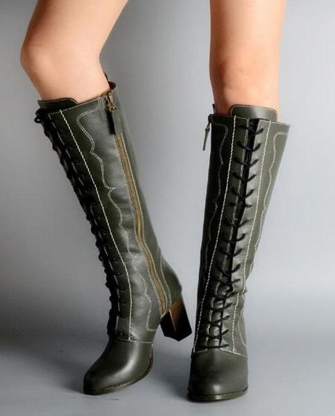 

new winter woman greenburgundy round toe genuine leather zipper lace up rough heels knee high leather knight long boots z0827199876, Black