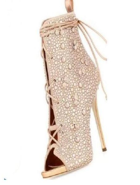 

champagnesilver colors spring autumn lace up peep toe women ankle boots super high heels crystals charming short boots 35422692544, Black
