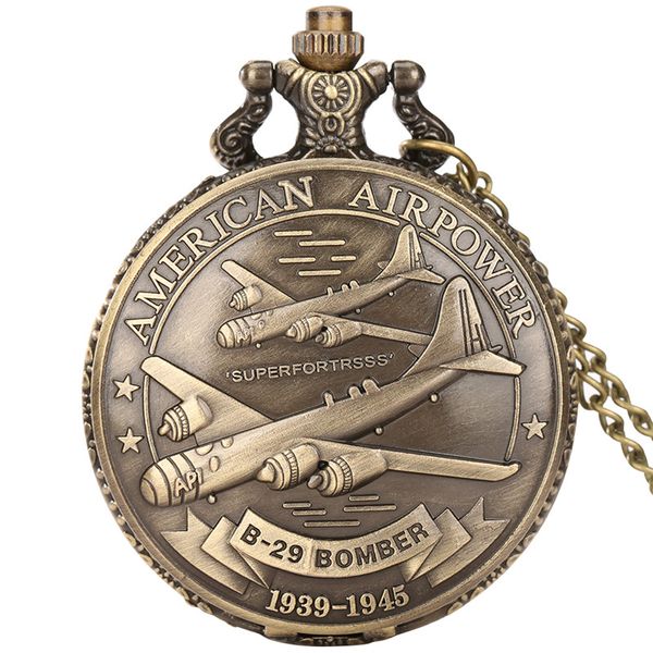 

steampunk u.s. air force airplane design quartz pocket watch cool bronze clock with fob necklace chain souvenir gifts men women, Slivery;golden