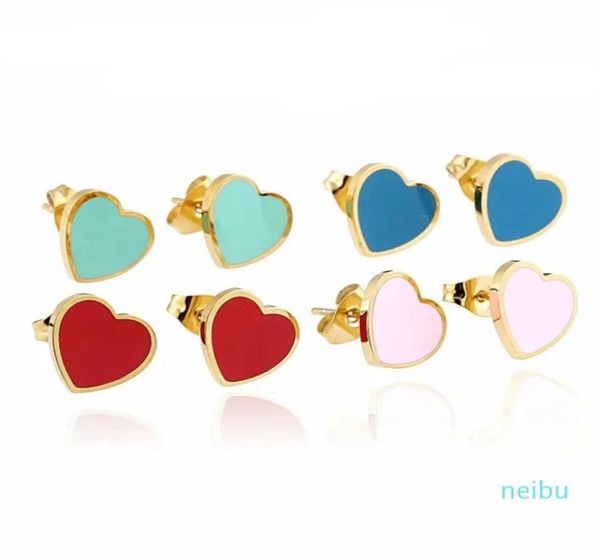 

women enamel green pink blue red colors heart stud earrings stainless jewelry return to hearts charms earring57611444161153, Golden;silver