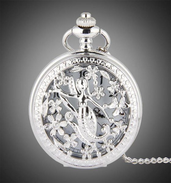

tfo pocket watch silver hollow petals surround dancing mermaid design pendant ladies fashion gift necklace8479428, Slivery;golden