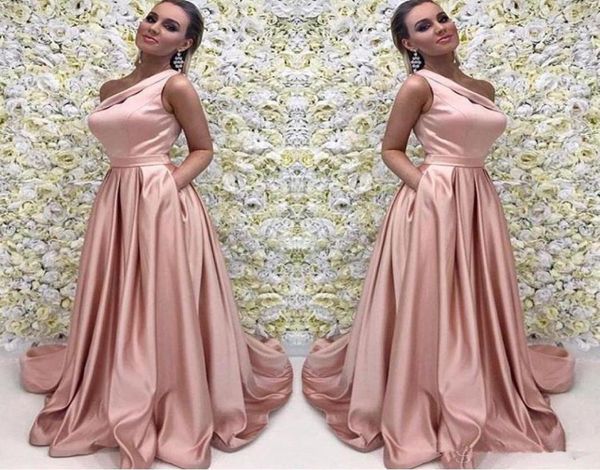 

rose gold long prom dress elegant one shoulder sleeveless a line floor length satin evening dresses bridesmaid formal gown with po3641013, Black;red